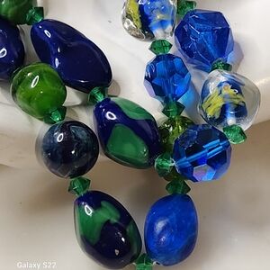 Rare Czech Bhemian Glass 2 Stran Blue /Green Necklace